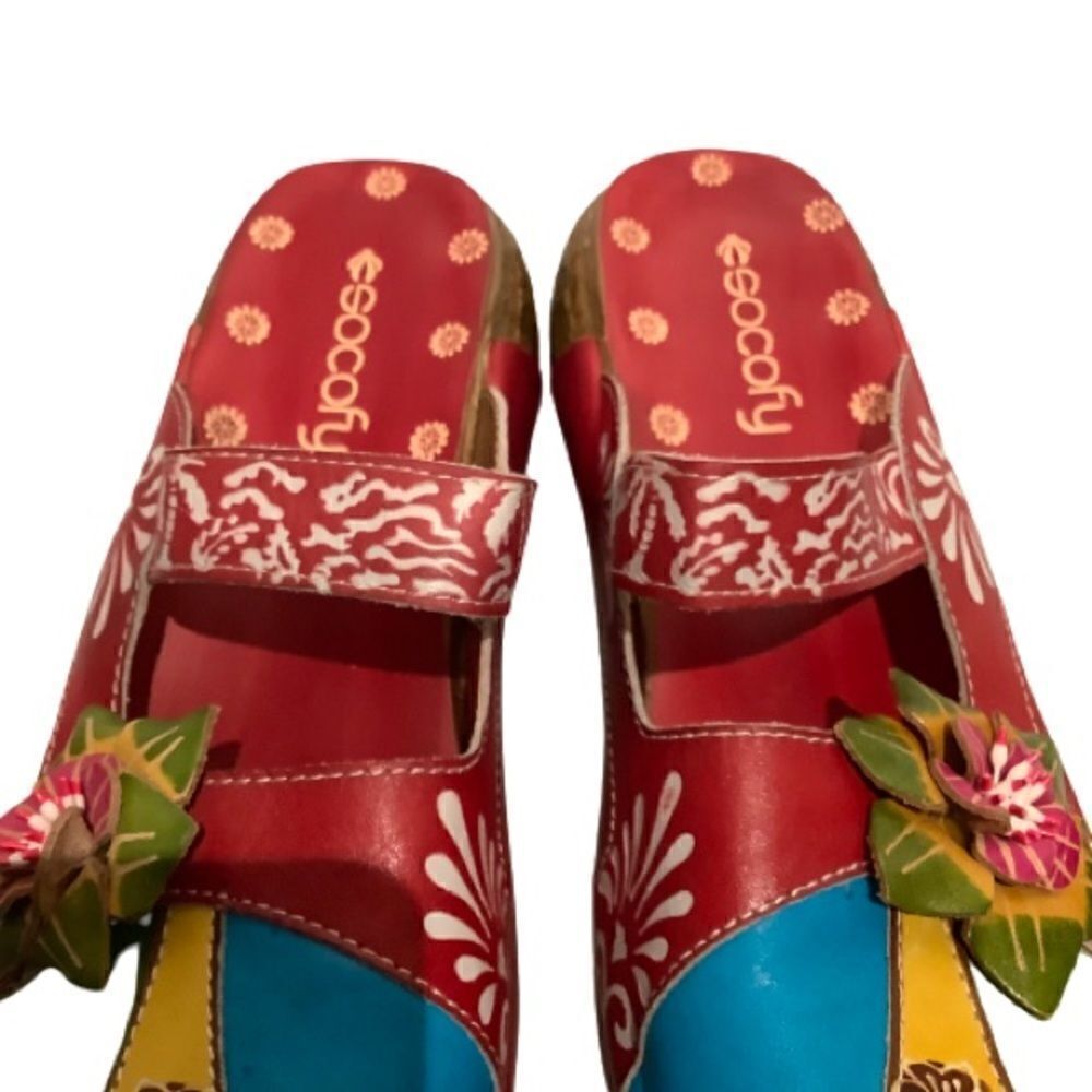 SOCOFY HANDMADE LEATHER BOHO CLOGS, MULES SLIP ON SHOES MULTI COLOURED SZ 40NWOT - Picture 11 of 13
